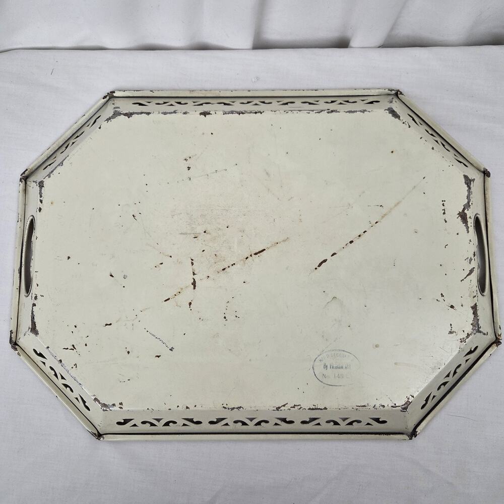 Vintage Toleware Vanity Perfume Tray Hand Painted Floral Octagonal Cottage Decor - Picture 5 of 16